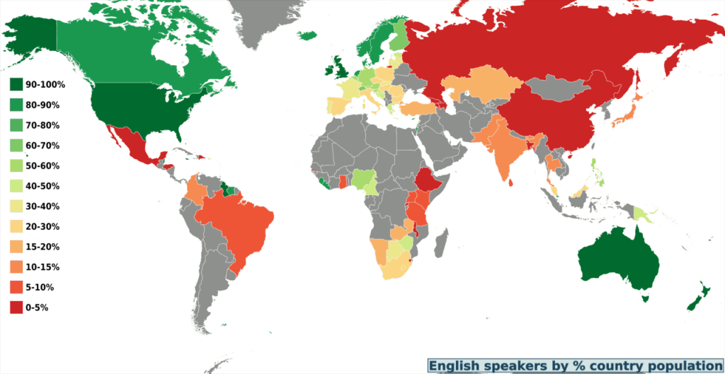 World map percentage english speakers by country