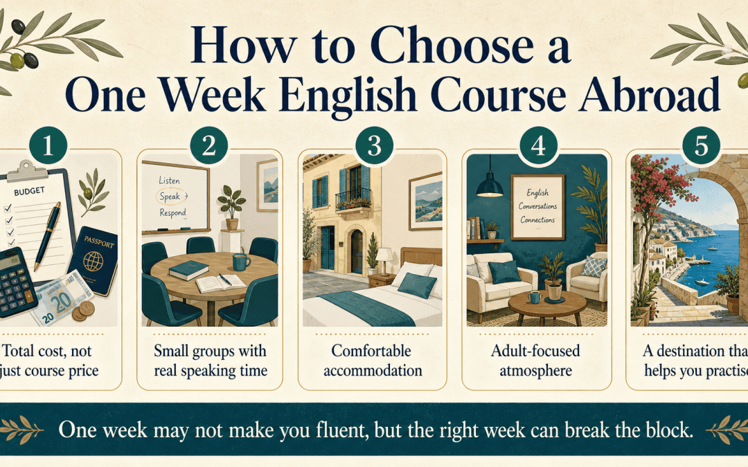 Infographic showing what adults should check before choosing a one-week English course abroad.